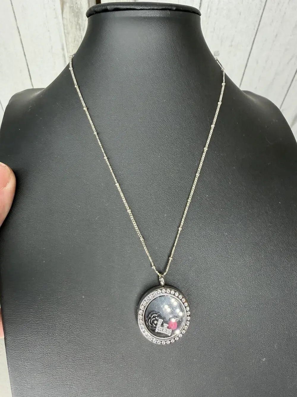 Origami Owl Silver Locket w/ Crystals Flower “F” Heart Charms and Necklace Set